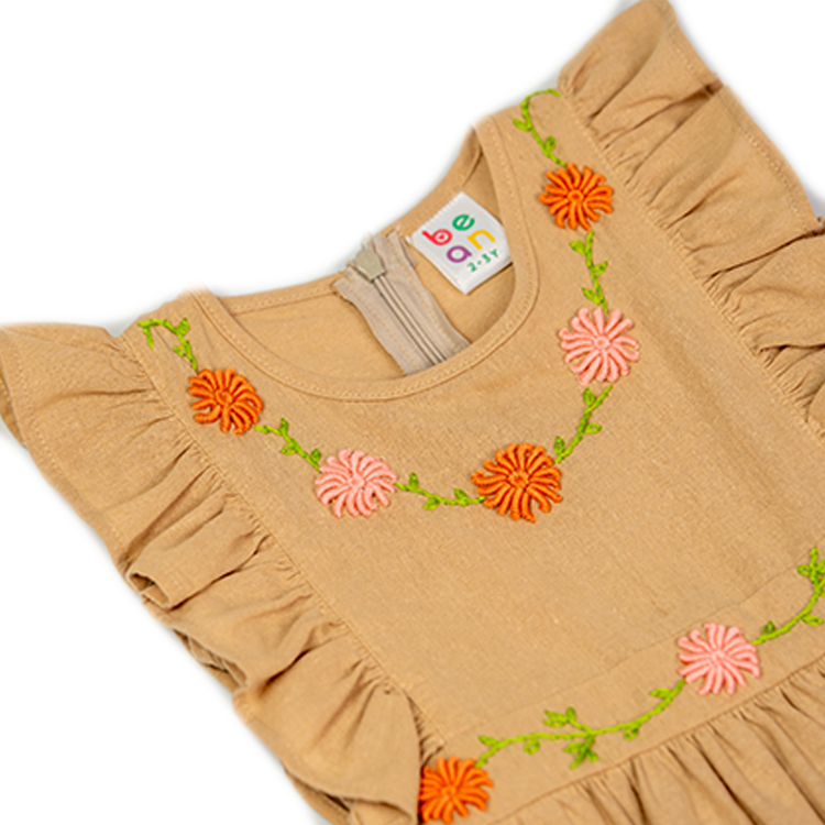 Floral Flair Khaki Mara Ruffled Sleeve Embroidered Dress