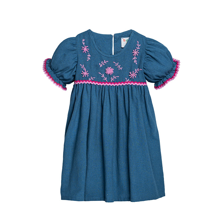 Floral Flair Dusty Blue Mela Ricrac Puff Sleeve Embroidered Dress