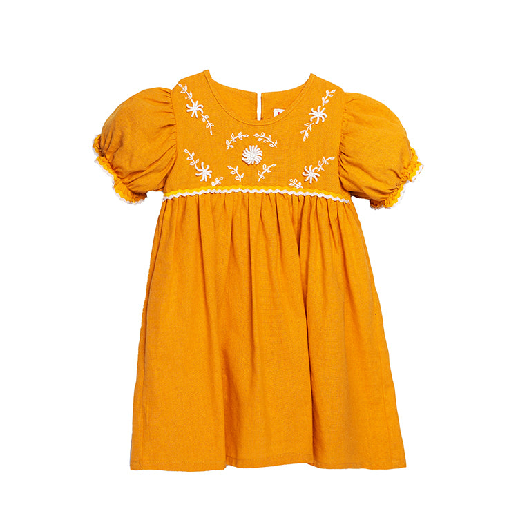 Floral Flair Mela Ricrac Puff Sleeve Embroidered Dress with Hat Yellow