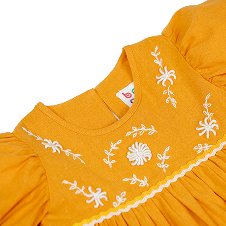Floral Flair Yellow Mela Ricrac Puff Sleeve Embroidered Dress