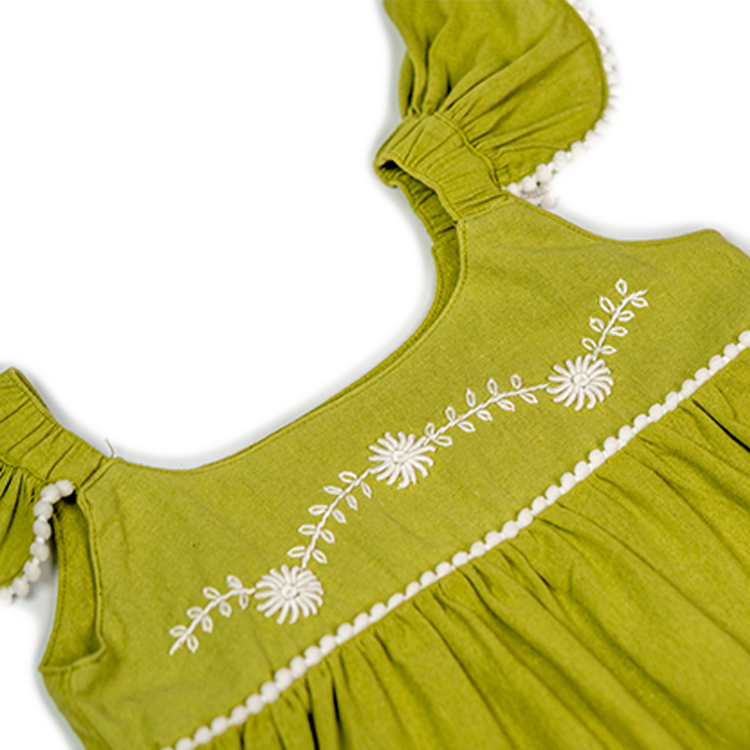 Floral Flair Light Green Siar Ruffled Pompom Sleeve Embroidered Top and Ruffled Shorts