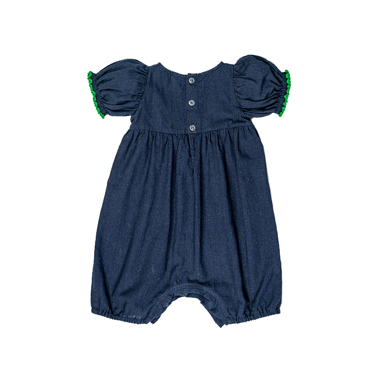 Floral Flair Jasmine Pompom Puff Sleeve Embroidered Romper with Hat Navy