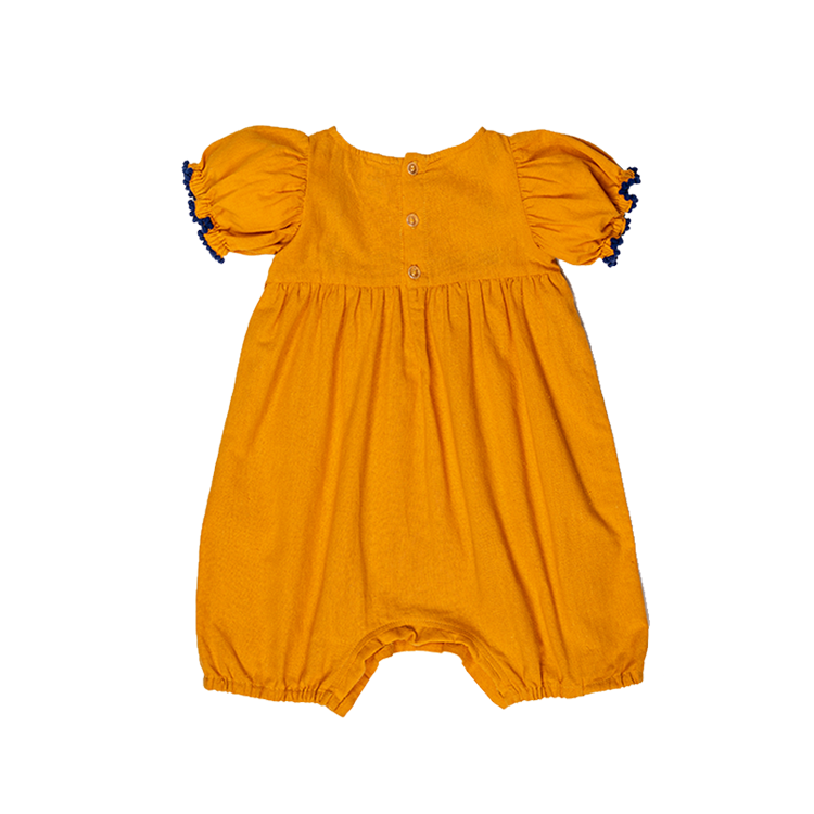 Floral Flair Jasmine Pompom Puff Sleeve Romper Embroidered with Hat Yellow