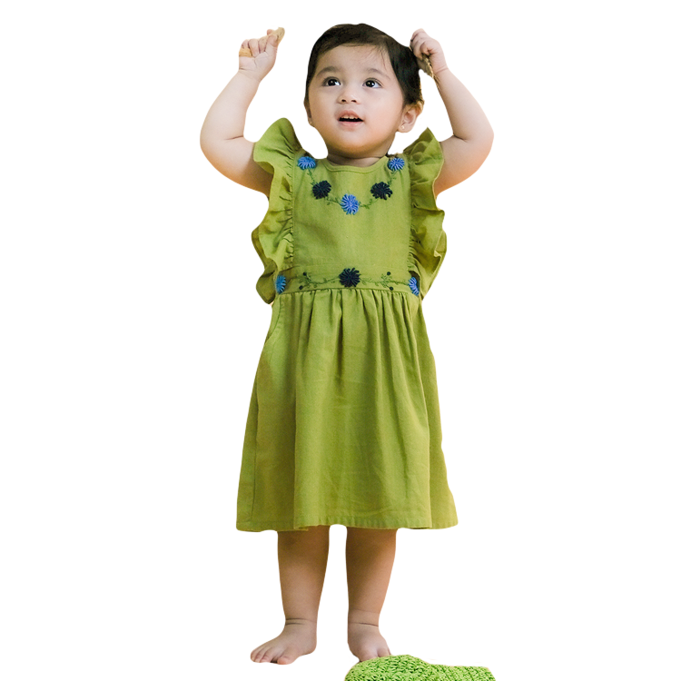 Floral Flair Mara Ruffled Sleeve Embroidered Dress with Hat Light Green