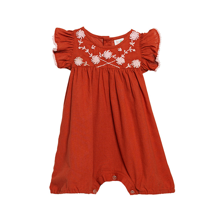 Floral Flair Rust Santan Ruffled Pompom Sleeve Embroided Romper