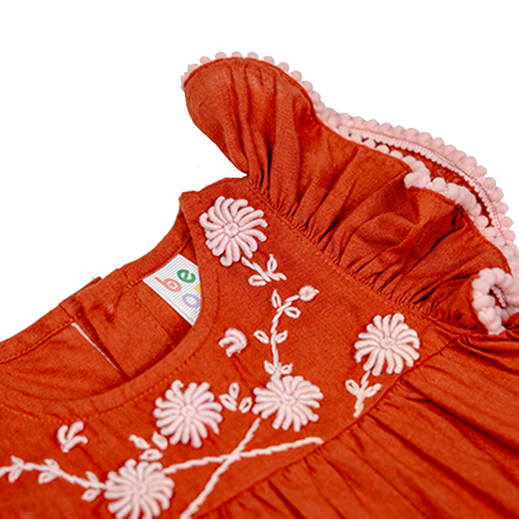 Floral Flair Rust Santan Ruffled Pompom Sleeve Embroided Romper