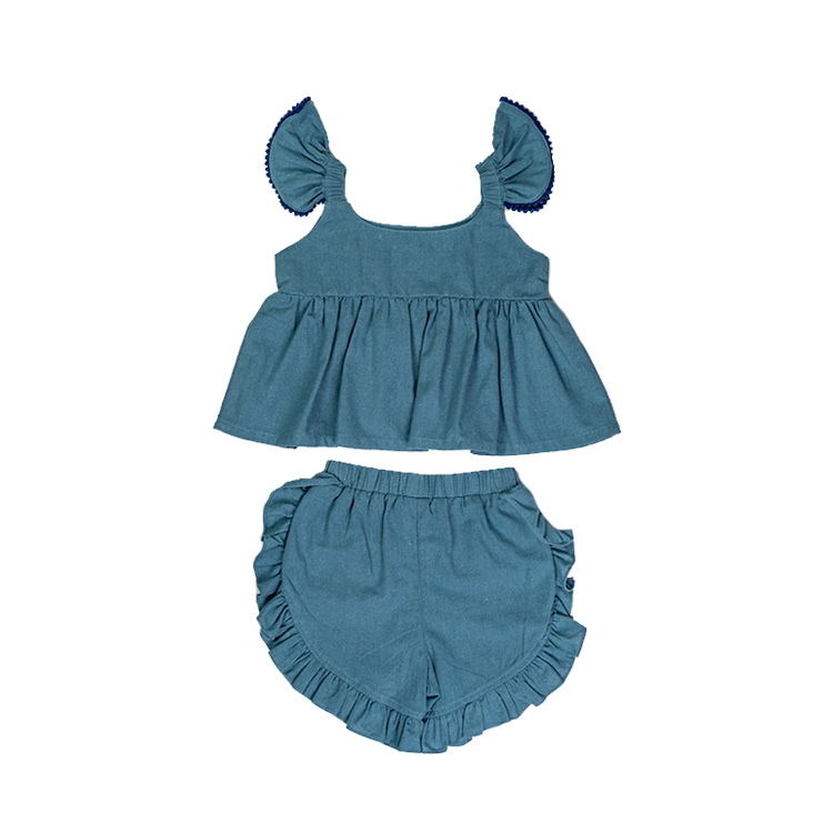 Floral Flair Siar Ruffled Sleeve Embroidered Top and Shorts with Hat Dusty Blue